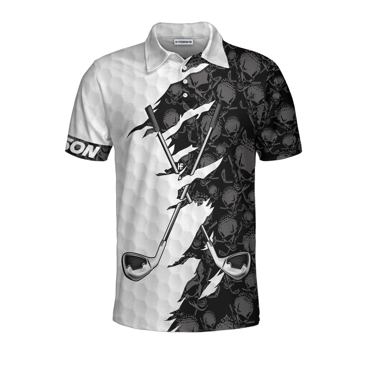 Personalized Black And White Skull Pattern Golf Polo Shirt, Golf Ripped Skull Golf Balls Pattern Custom Polo Shirt, Best Crossed Golf Clubs Shirt