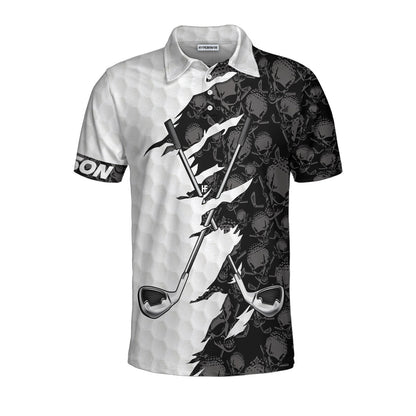Personalized Black And White Skull Pattern Golf Polo Shirt, Golf Ripped Skull Golf Balls Pattern Custom Polo Shirt, Best Crossed Golf Clubs Shirt
