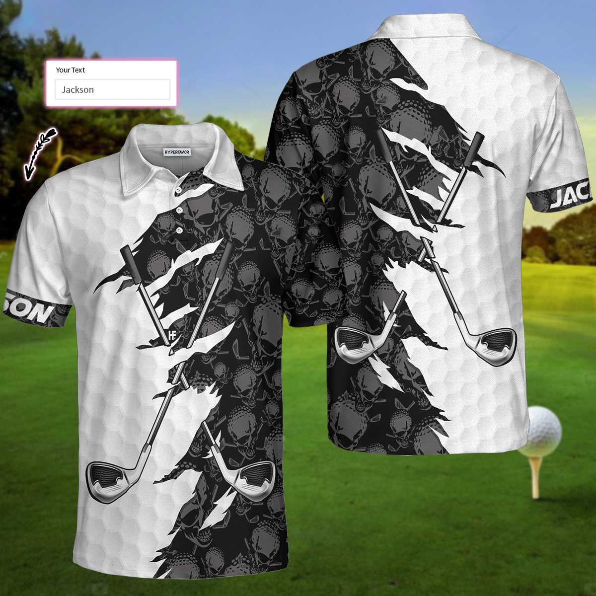 Personalized Black And White Skull Pattern Golf Polo Shirt, Golf Ripped Skull Golf Balls Pattern Custom Polo Shirt, Best Crossed Golf Clubs Shirt
