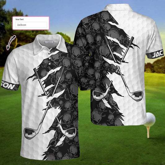 Personalized Black And White Skull Pattern Golf Polo Shirt, Golf Ripped Skull Golf Balls Pattern Custom Polo Shirt, Best Crossed Golf Clubs Shirt