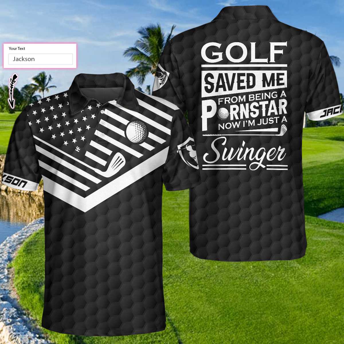 Personalized Funny American Flag Golf Ball Golf Clubs Men Polo Shirt, Golf Saved Me From Being A Pornstar Custom Shirt For Men