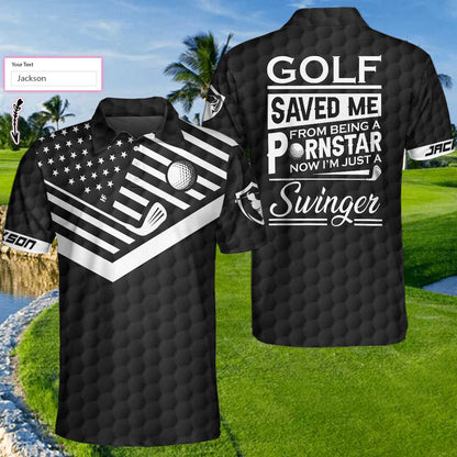 Personalized Funny American Flag Golf Ball Golf Clubs Men Polo Shirt, Golf Saved Me From Being A Pornstar Custom Shirt For Men