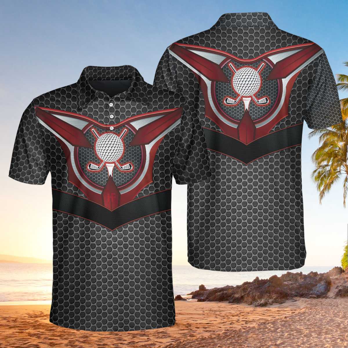 Golf Tech Style Men Polo Shirt, Black Steel Hornet Nest Pattern Polo Shirt, Best Golf Shirt For Men, Best Gift For Golfers