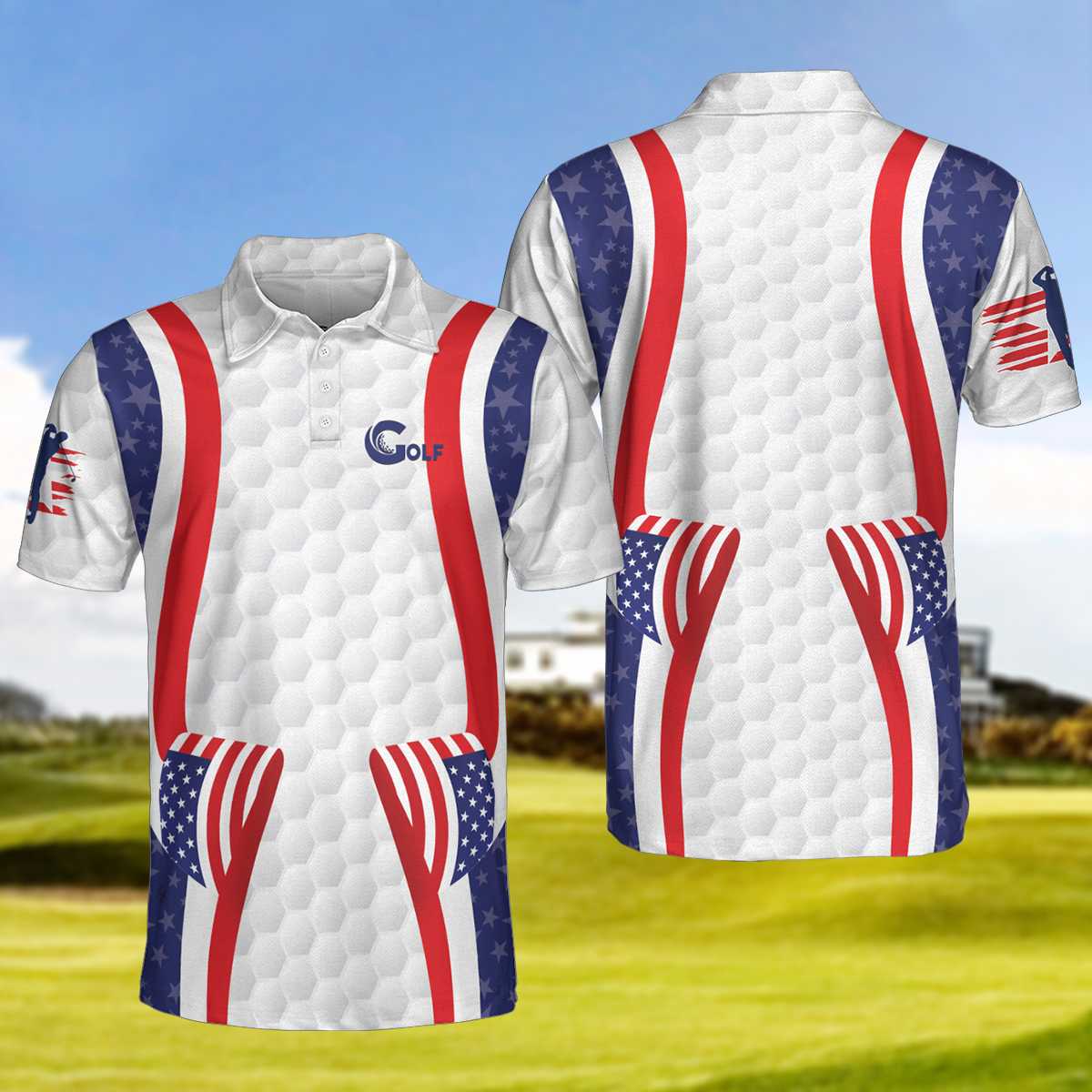 Symmetric Curve American Flag Golf Pattern Polo Shirt, USA Golf Polo Shirt, Patriotic Golf Shirt For Men - Best Gift For Golf Lovers