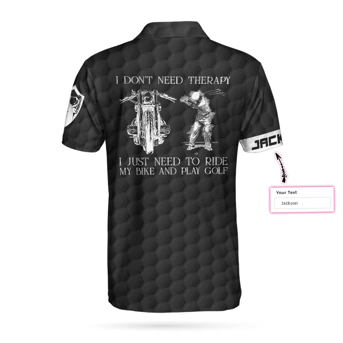 Personalized Black American Flag Golf Ball Pattern Men Polo Shirt, Golf in Desert Custom Polo Shirt, Unique Male Golf Gift, I Don't Need Therapy I Just Need To Ride My Bike And Play Golf Shirt For Men