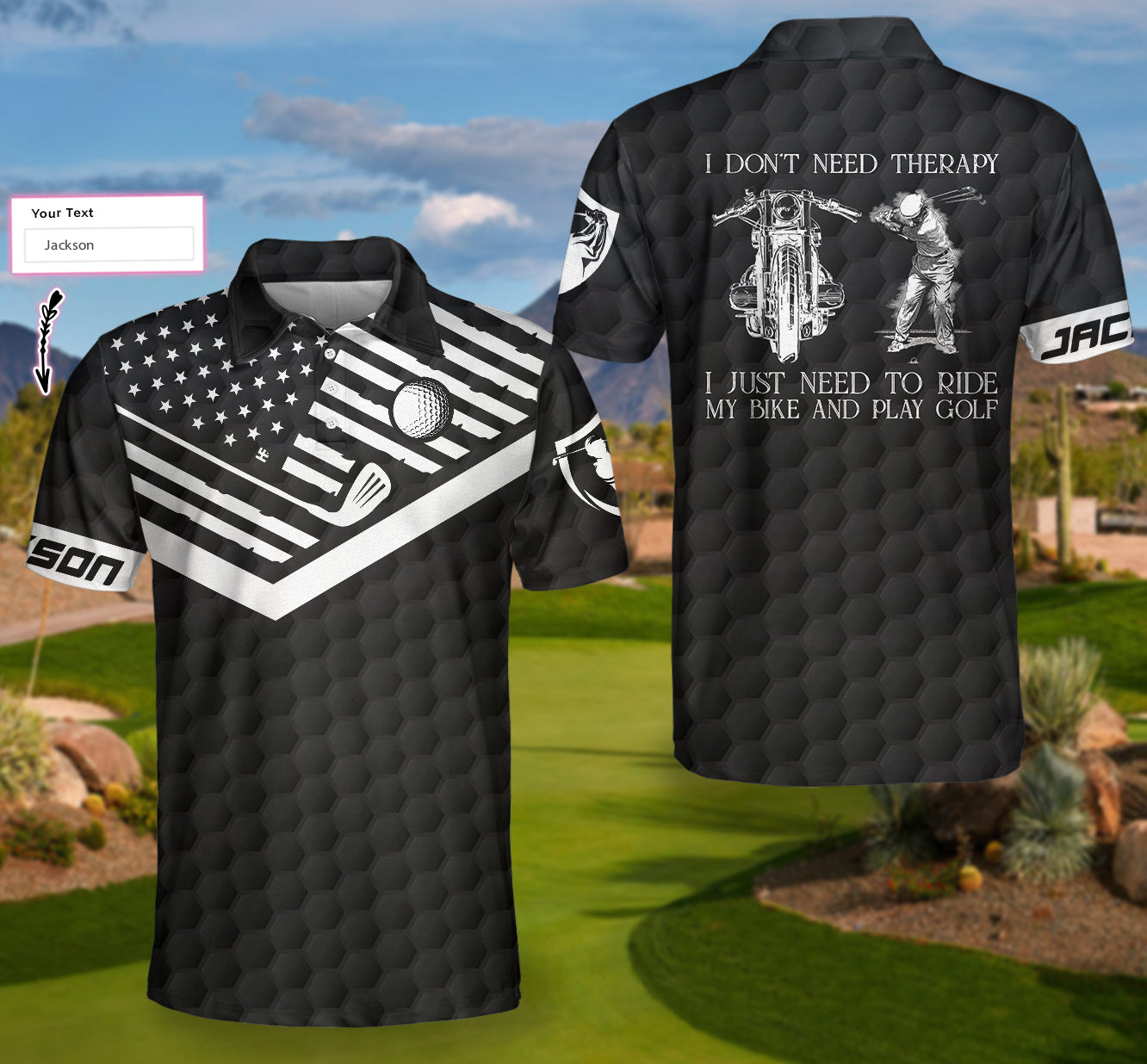 Personalized Black American Flag Golf Ball Pattern Men Polo Shirt, Golf in Desert Custom Polo Shirt, Unique Male Golf Gift, I Don't Need Therapy I Just Need To Ride My Bike And Play Golf Shirt For Men
