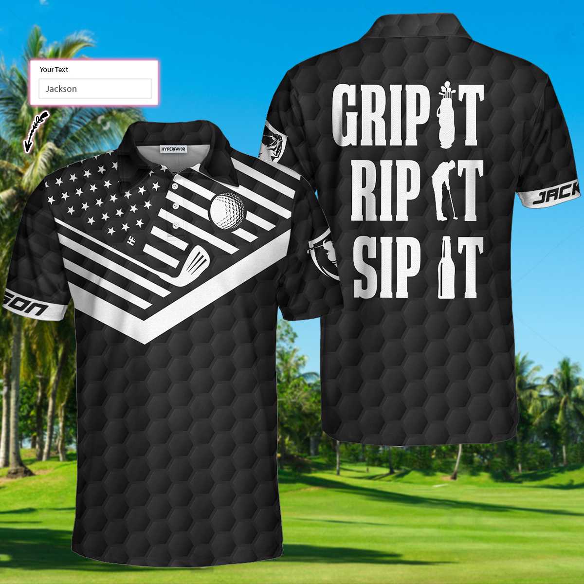 Black And White American Flag Golf Men Polo Shirt, Golfer Grip It Rip It Sip It Custom Polo Shirt, Personalized Golf Gift, Best Gift For Golfers