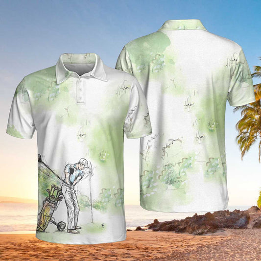 Golfer Painting Short Sleeve Men Polo Shirt, Green Tree Pattern Golfer Sketching Polo Shirt, Best Golf Shirt For Men, Best Gift For Golfers