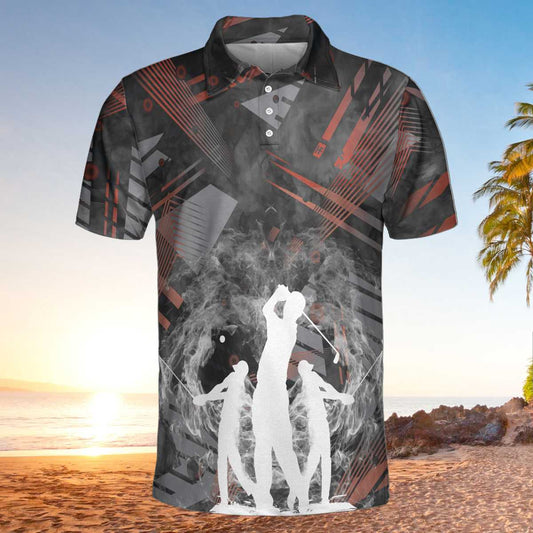 Golfers On Art Pattern Men Polo Shirt, Smoke Digital Theme Polo Shirt, Best Golf Shirt For Men, Best Gift For Golfers