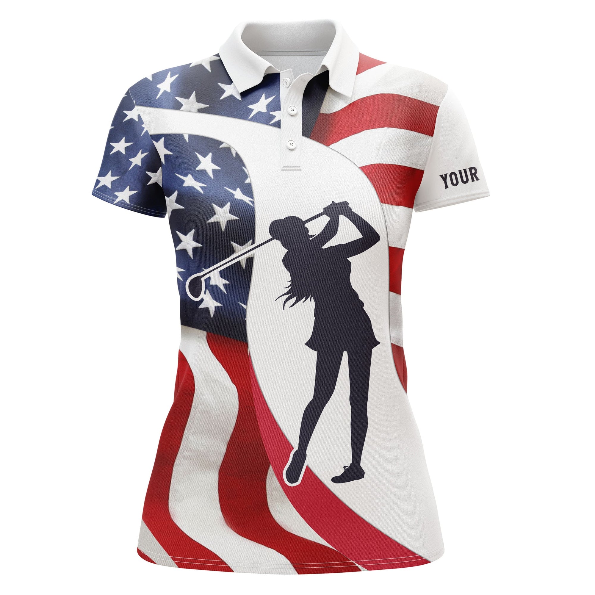 Golf Polo Shirts For Women American Flag Patriotic 4th July Custom Name Golf Shirt, Golfer Gifts