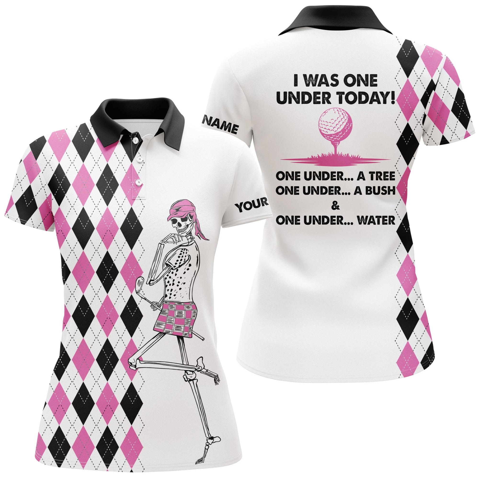 Golf Skull Women Golf Polo Shirts Custom I Was One Under Today One Under A Tree, Bush And Water - Pink, Perfect Gift For Women