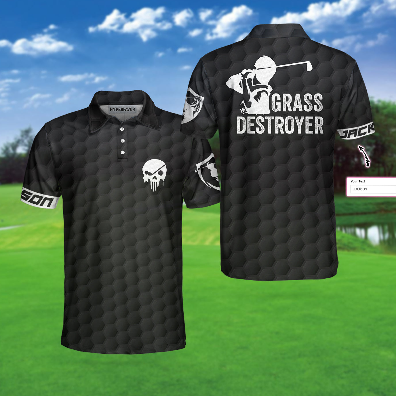 Personalized Black Skull Golfing Men Polo Shirt, Grass Destroyer Custom Polo Shirt Design, Golf Gift Idea For Male