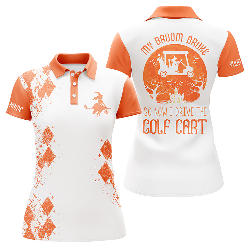 Halloween Golf Custom Name Orange Women Golf Polo Shirt - My Broom Broke So Now I Drive The Golf Cart, Perfect Gift For Women