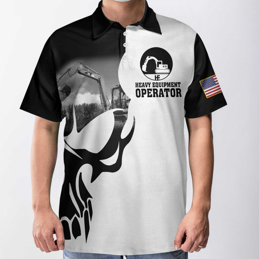 Heavy Equipment Operator Proud Skull American Flag Men Polo Shirt, If You Think You Can Do My Job Skull Heavy Equipment Operator Shirt, Best Gift For Men