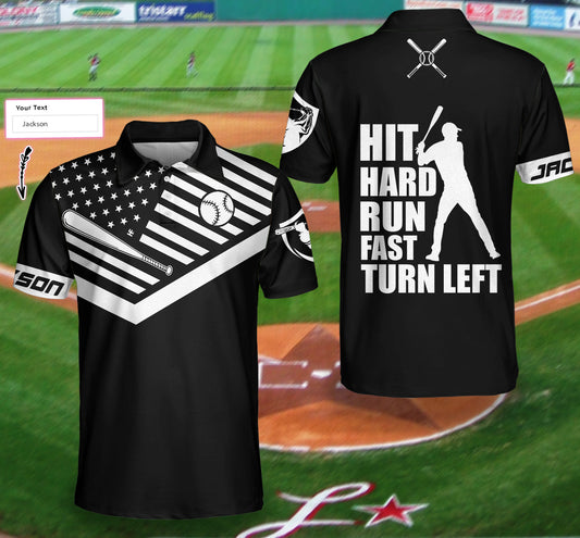 Personalized Black American Flag Men Polo Shirt, Hit Hard Run Fast Turn Left Custom Polo Shirt, Funny Golf Shirt For Men