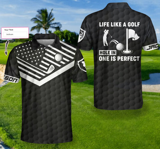 Personalized Black America Flag Golf Ball Pattern Polo Shirt, Hole In One Is Perfect Custom Polo Shirt For Men, Best Gift For Golfers