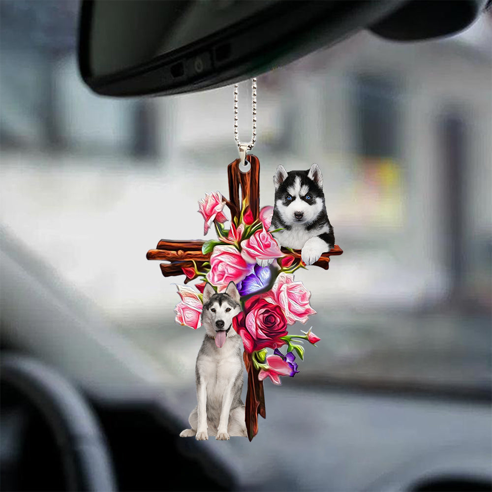 Husky Roses and Jesus Ornament - Dog Car Hanging Ornament - Gift For Dog Mom, Dog Lover, Dog Owner