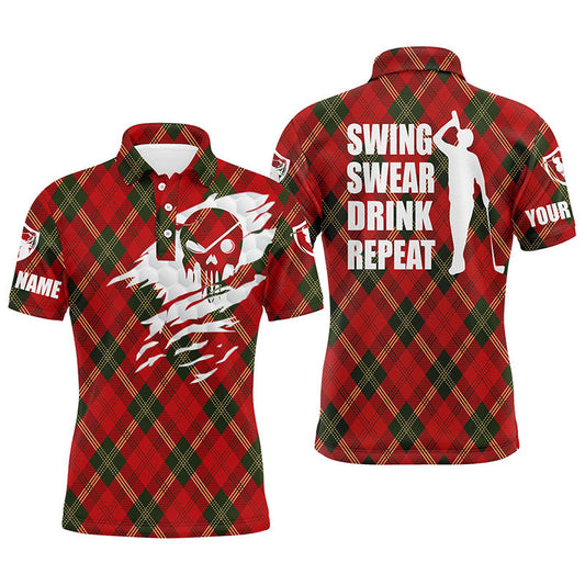Golf Men Polo Shirt - Custom Name Christmas Pattern Apparel - Personalized Gift For Golf Lover, Men, Team, Husband - Swing Swear Drink Repeat