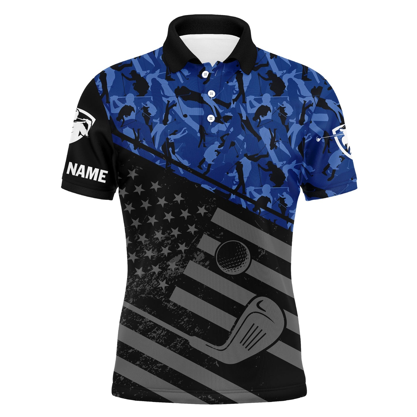 Golf Men Polo Shirt - Black American Flag Patriotic Camo Pattern Custom Name Apparel - Personalized Gift For Golf Lover, Team, 4th July, Patriotic