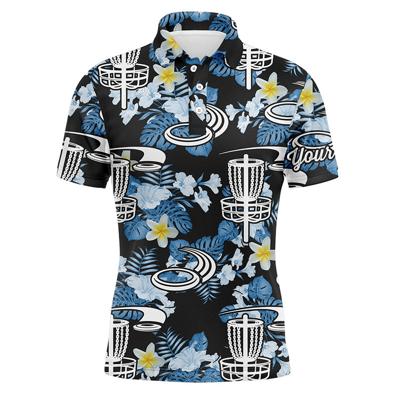 Disc Golf Men Polo Shirt - Disc Golf Hole Basket Blue Leaf Flower Pattern Custom Name Apparel - Personalized Gift For Disc Golf Lover, Team
