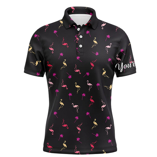 Golf Men Polo Shirt - Custom Name Neon Pink Flamingos Palm Pattern Apparel - Personalized Gift For Golf Lover, Team, Husband, Boyfriend, Men