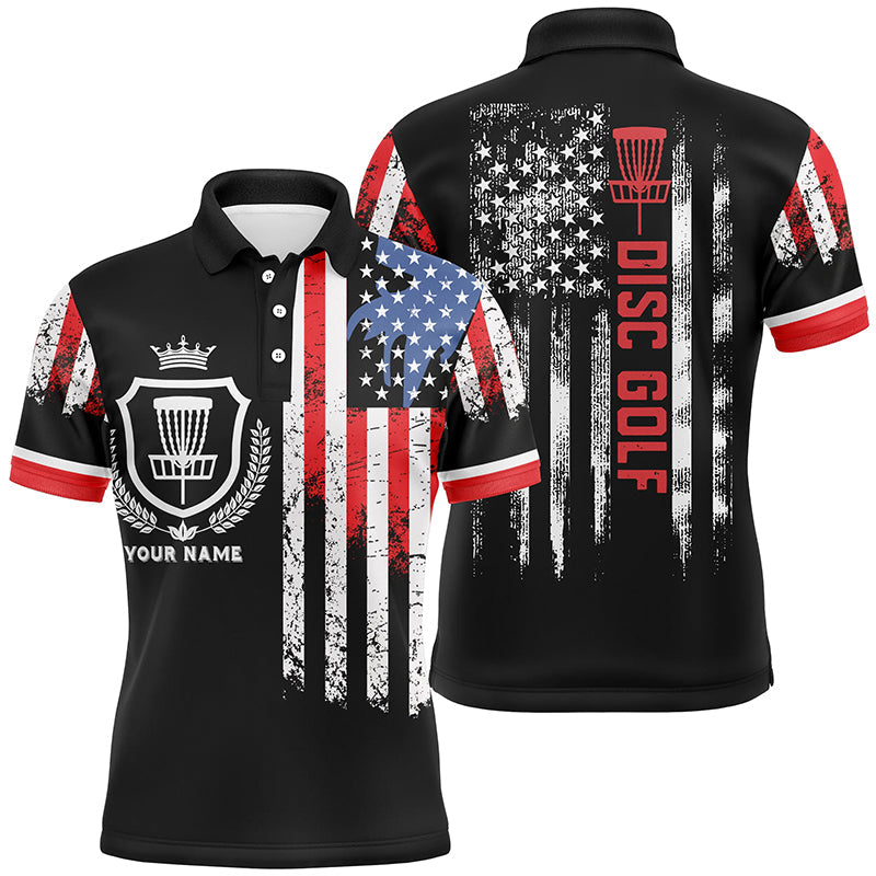 Disc Golf Men Polo Shirt - Custom Name American Flag Disc Golf Basket Apparel - Personalized Gift For Disc Golf Lover, Male, Husband, Patriot, Team