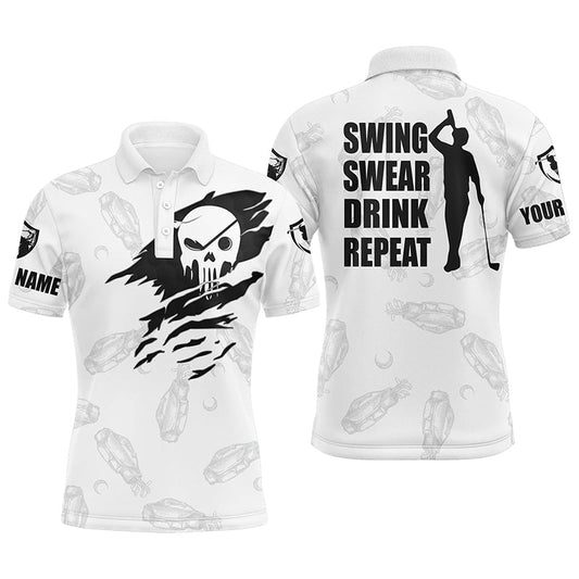 Golf Men Polo Shirt - Custom Name Skull Golf Clubs Pattern White Apparel - Personalized Gift For Golf Lover, Team, Husband - Swing Swear Drink Repeat