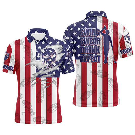 Golf Men Polo Shirt, American Flag Custom Name Skull Golf Clubs Pattern Apparel, Personalized Gift For Golf Lover, Patriotic, Swing Swear Drink Repeat