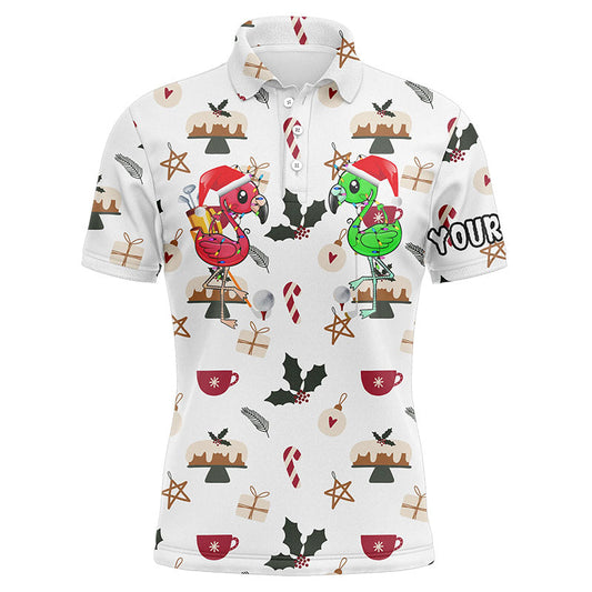 Flamingo Golf Men Polo Shirt - Funny Christmas Background Golf Friends Custom Name Apparel - Personalized Gift For Golf Lover, Team, Golfers