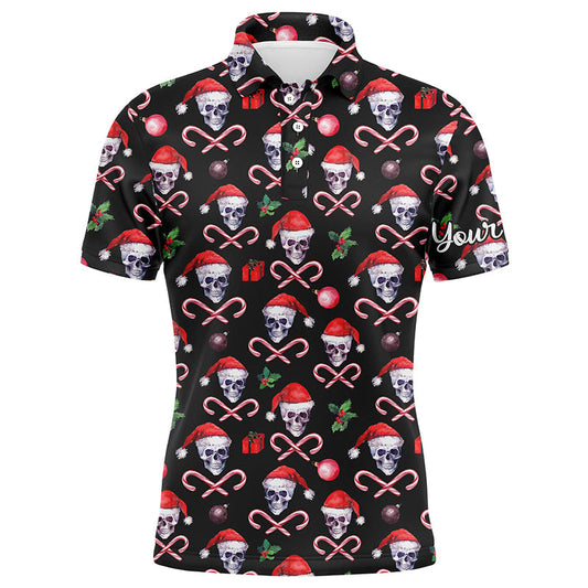 Golf Men Polo Shirt - Funny Black Christmas Skull Pattern Custom Name Apparel - Personalized Gift For Golf Lover, Team