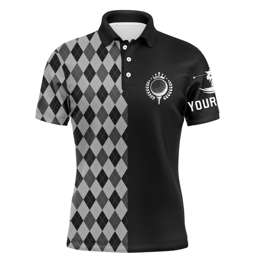 Golf Men Polo Shirt - Custom Name Black Gray Argyle Pattern Apparel - Personalized Sports Gift For Golf Lover, Male, Husband, Boyfriend, Golf Up