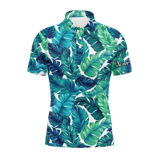 Golf Men Polo Shirt - Custom Name Turquoise And Green Tropical Leaves Apparel - Personalized Gift For Golf Lover, Male, Husband, Team Golf