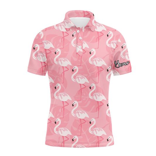 Golf Men Polo Shirt - Pink Flamingo Pattern Custom Name Apparel - Personalized Gift For Golf Lover, Men, Husband, Team, Boyfriend, Dad