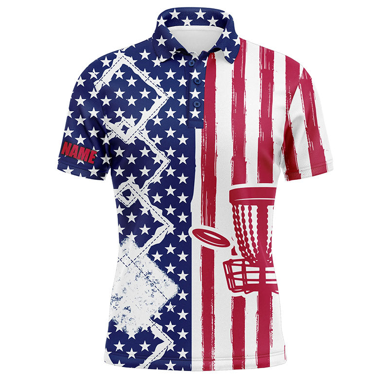 Disc Golf Men Polo Shirt - Custom Name American Flag Disc Golf Basket Apparel - Personalized Gift For Disc Golf Lover, Team, Husband, Patriotic