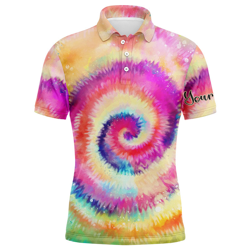 Golf Men Polo Shirt - Rainbow Tie Dye Background Custom Name Apparel - Personalized Gift For Golf Lover, Men, Dad, Team, Husband, Boyfriend