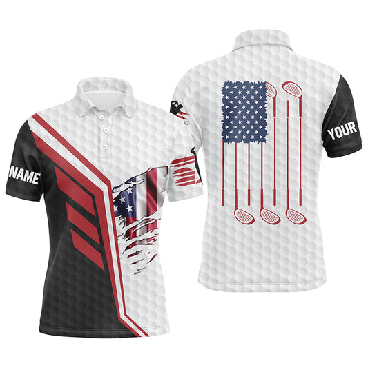 Golf Men Polo Shirt - American Flag Golf Clubs White Golf Balls Skin Custom Name Apparel - Personalized Gift For Golf Lover, Team, 4th July, Patriotic