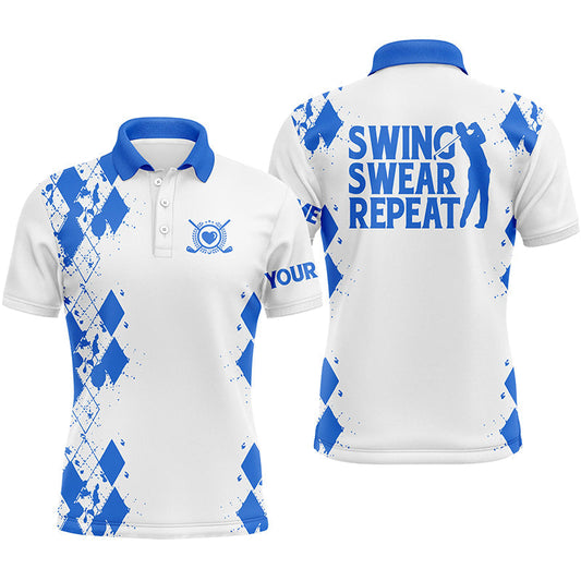 Golf Men Polo Shirt - Argyle Pattern Custom Name Multicolor Apparel - Personalized Gift For Golf Lover, Team, Golfer, Husband - Swing Swear Repeat