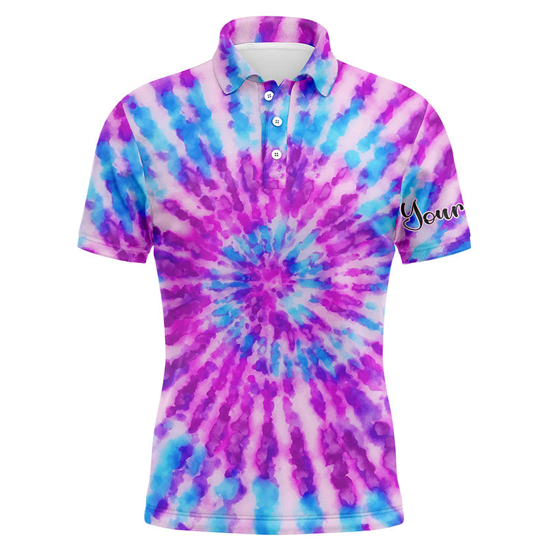 Golf Men Polo Shirt - Watercolor Purple Tie Dye Pattern Custom Name Apparel - Personalized Gift For Golf Lover, Team, Male Players, Golfer