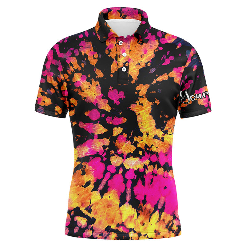 Golf Men Polo Shirt - Yellow Pink Black Tie Dye Pattern Custom Name Apparel - Personalized Gift For Golf Lover, Team, Male Players, Golfer