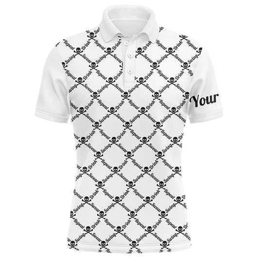 Custom Name Golf Men Polo Shirt - Swing Swear Drink Repeat Skull Pattern Apparel - Personalized Gift For Golf Lover, Team, Husband, Boyfriend, Men