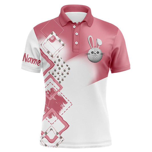 Golf Men Polo Shirt - Custom Name Pink Easter Eggs Bunny Apparel - Personalized Easter Gift For Golf Lover, Male, Husband, Team