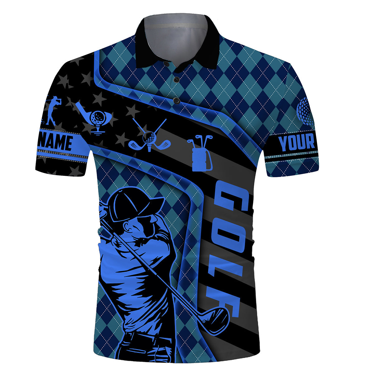 Golf Custom Name Men Polo Shirt - Funny Navy Blue Argyle Pattern Apparel - Personalized Gift For Golf Lover, Team, Golfer, Men