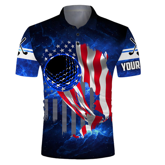 Golf Men Polo Shirt - Golf Ball Blue Galaxy Universe American Flag Custom Name Apparel, Personalized Gift For Golf Lover, Male, Husband, Patriot, Team