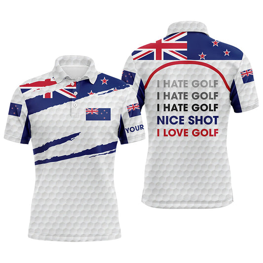 Golf Men Polo Shirt - Custom Name Zealand Flag Apparel - Personalized Gift For Golf Lover, Men, Team, Patriot - New I Hate Golf Nice Shot I Love Golf