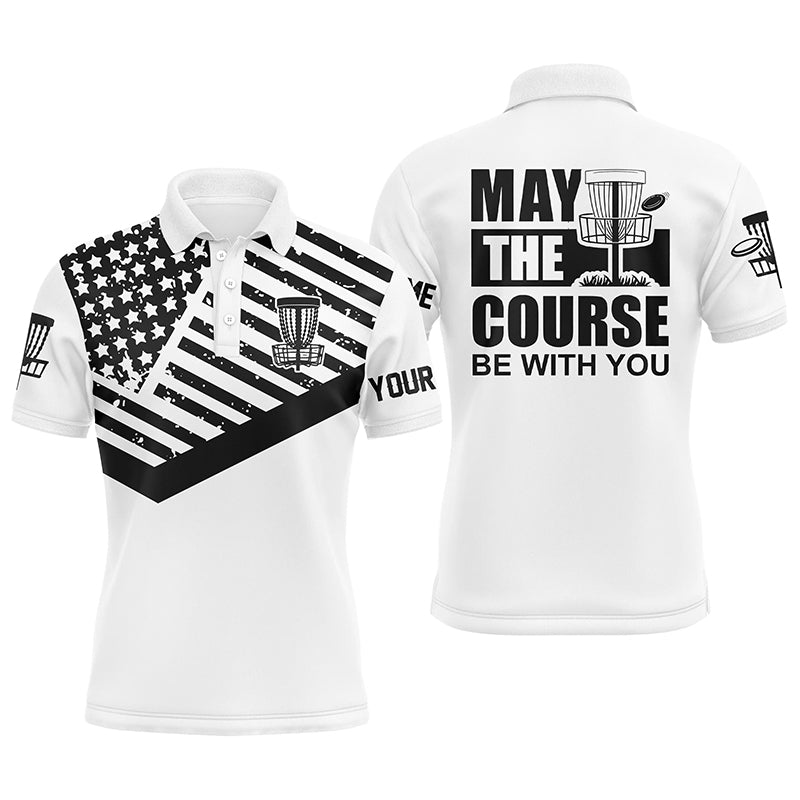 Disc Golf Men Polo Shirt, Custom Name Black White American Flag Apparel, Personalized Gift For Disc Golf Lover, Patriotic, May The Course Be With You