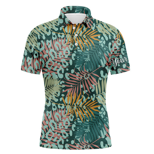 Golf Men Polo Shirt - Green Tropical Pattern With Palm Leopard Custom Name Apparel - Personalized Gift For Golf Lover, Men, Team, Husband, Boyfriend