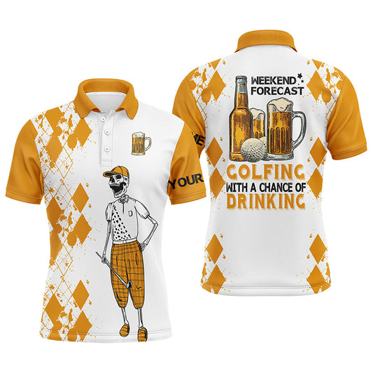 Golf Beer Men Polo Shirt - Custom Name Funny Skull Apparel - Personalized Gift For Golf Lover - Weekend Forecast Golfing With A Chance Of Drinking