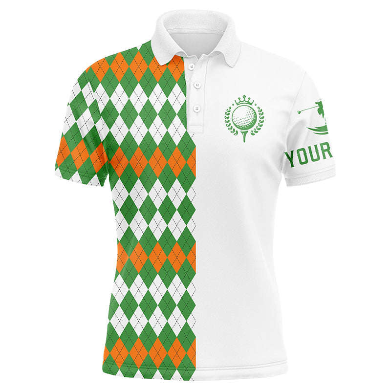 Golf Men Polo Shirt - St Patrick's Day White Green Orange Argyle Plaid Pattern Custom Name Apparel - Personalized Gift For Golf Lover, Team