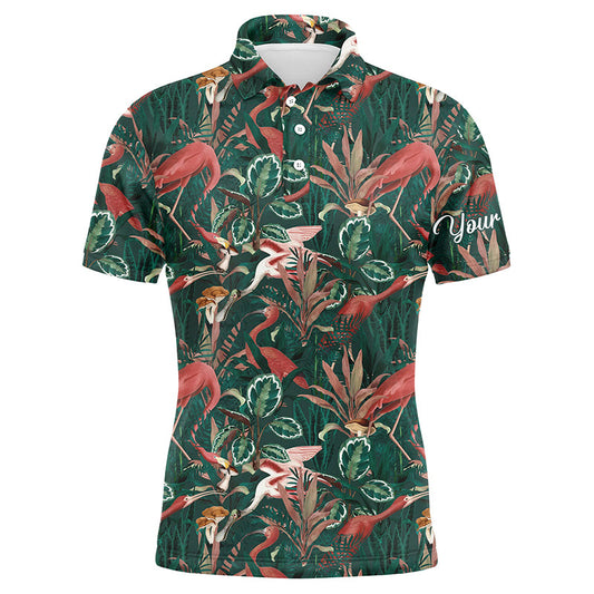 Golf Men Polo Shirt - Custom Name Flamingo Green Tropical Jungle Pattern Apparel - Personalized Gift For Golf Lover, Team, Husband, Boyfriend