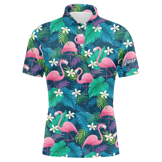 Golf Men Polo Shirt - Custom Name Colorful Flamingo Green Tropical Leaf Pattern Apparel - Personalized Gift For Golf Lover, Team, Husband, Boyfriend